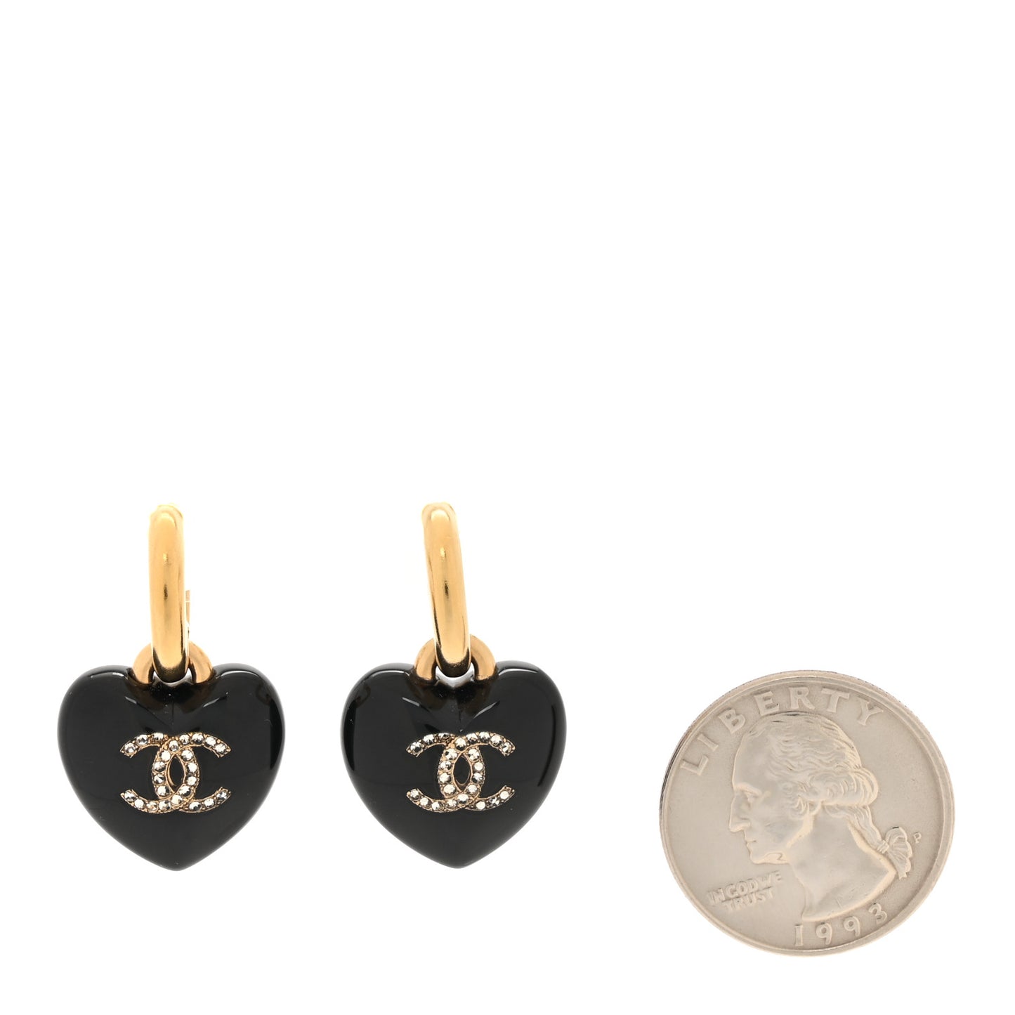 Resin Crystal CC Heart Drop Earrings Black Gold
