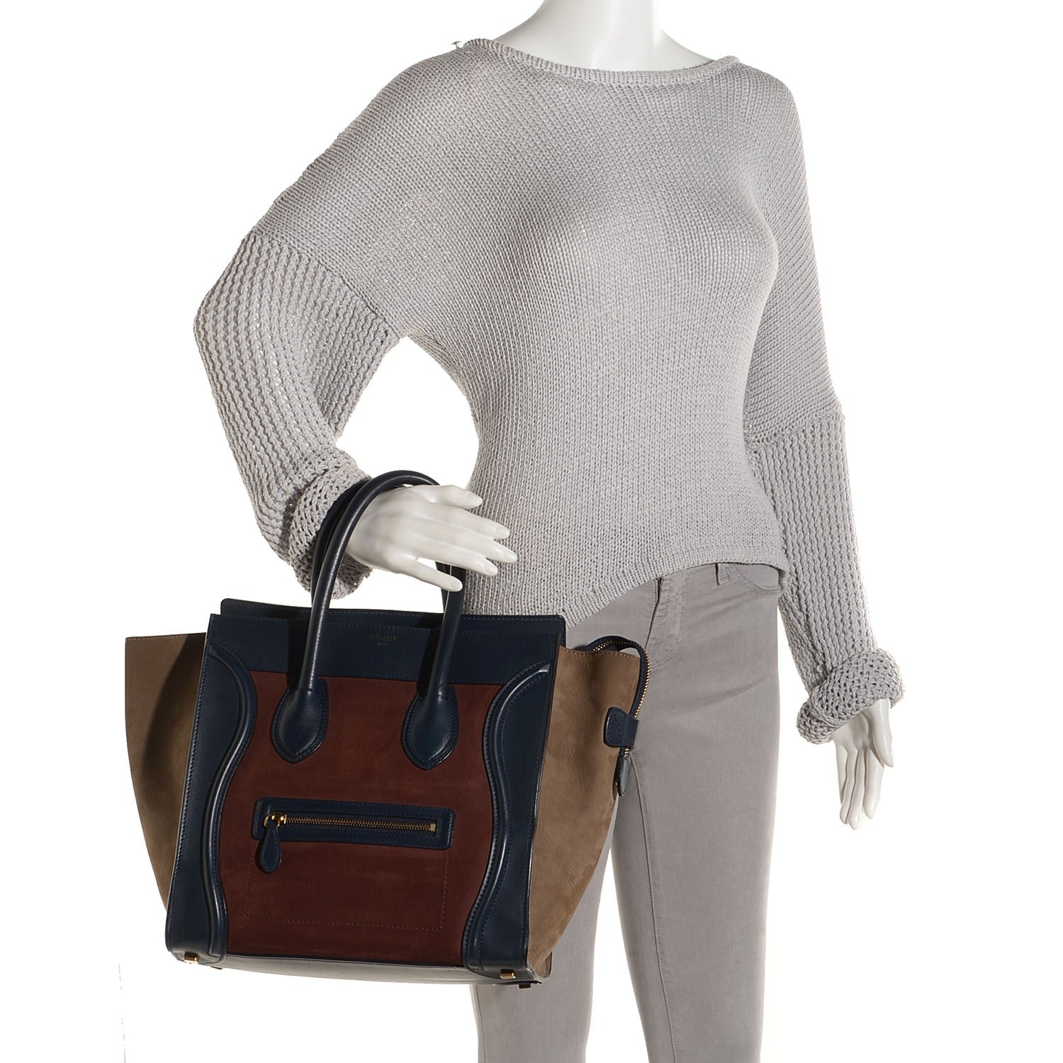 Celine Nubuck Smooth Calfskin Mini Tri-Color Luggage Burgundy 2 of 7
