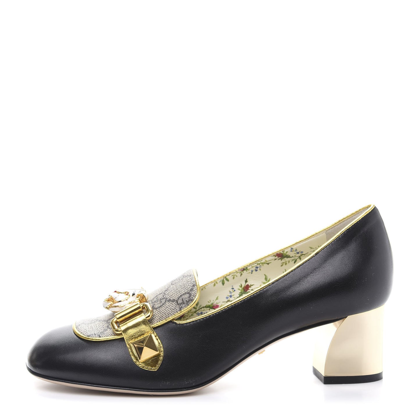 Malaga Kid Nappa GG Supreme Monogram Tiger Head Mid Heel Loafer Pumps 36.5 Black Oro Vecchio Beige