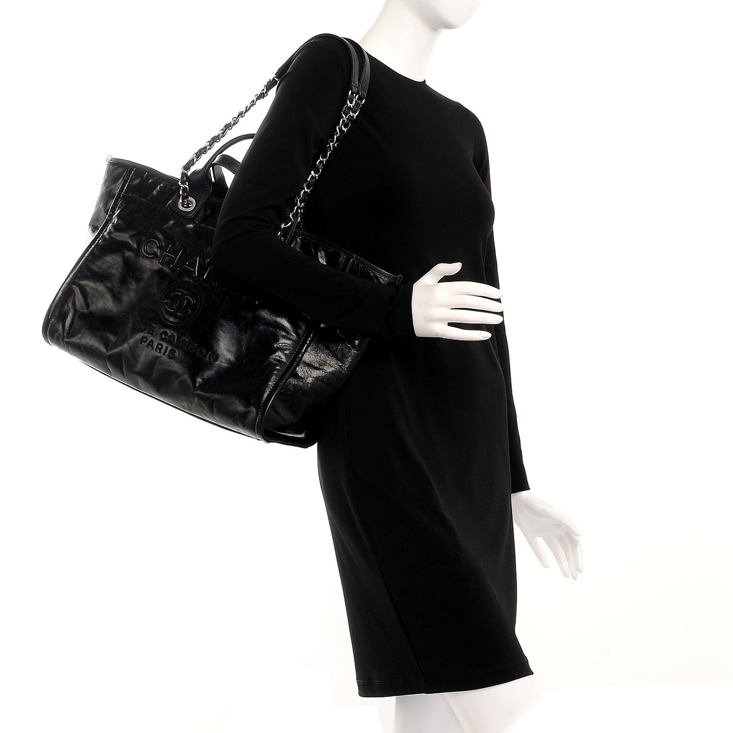Glazed Calfskin Large Deauville Tote Black