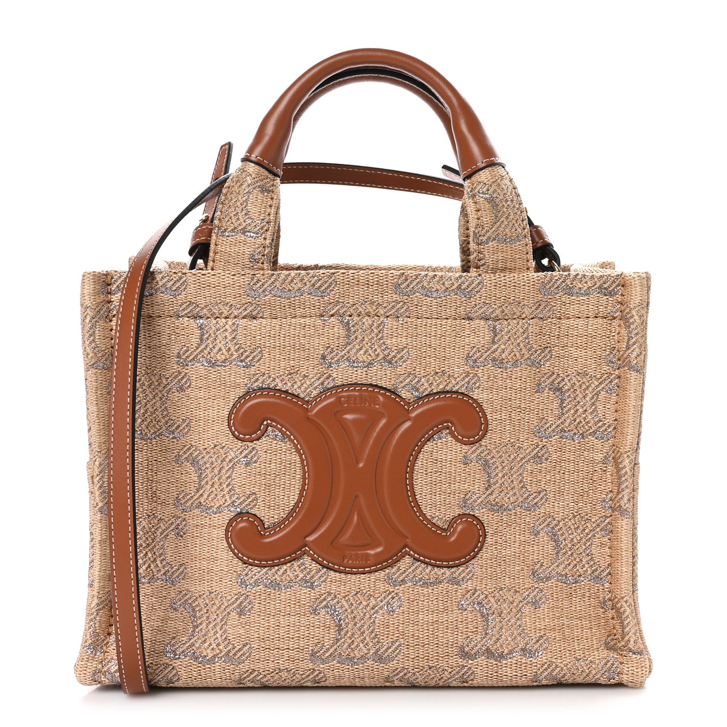 Celine Raffia Effect Calfskin Triomphe Jacquard Small Cabas Thais Natural Silver 1 of 9