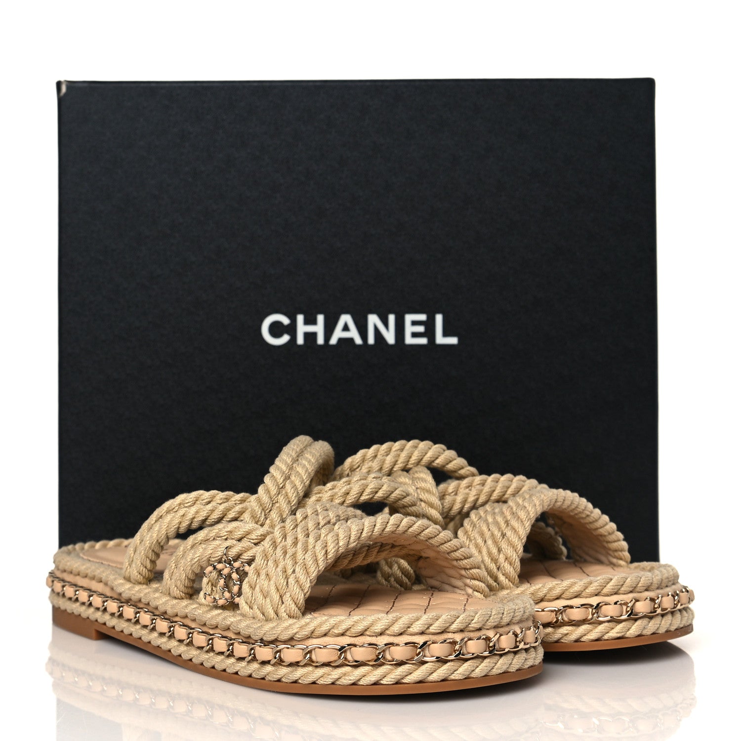 Chanel Cord Lambskin Chain Slide Sandals 38 Beige 8 of 8