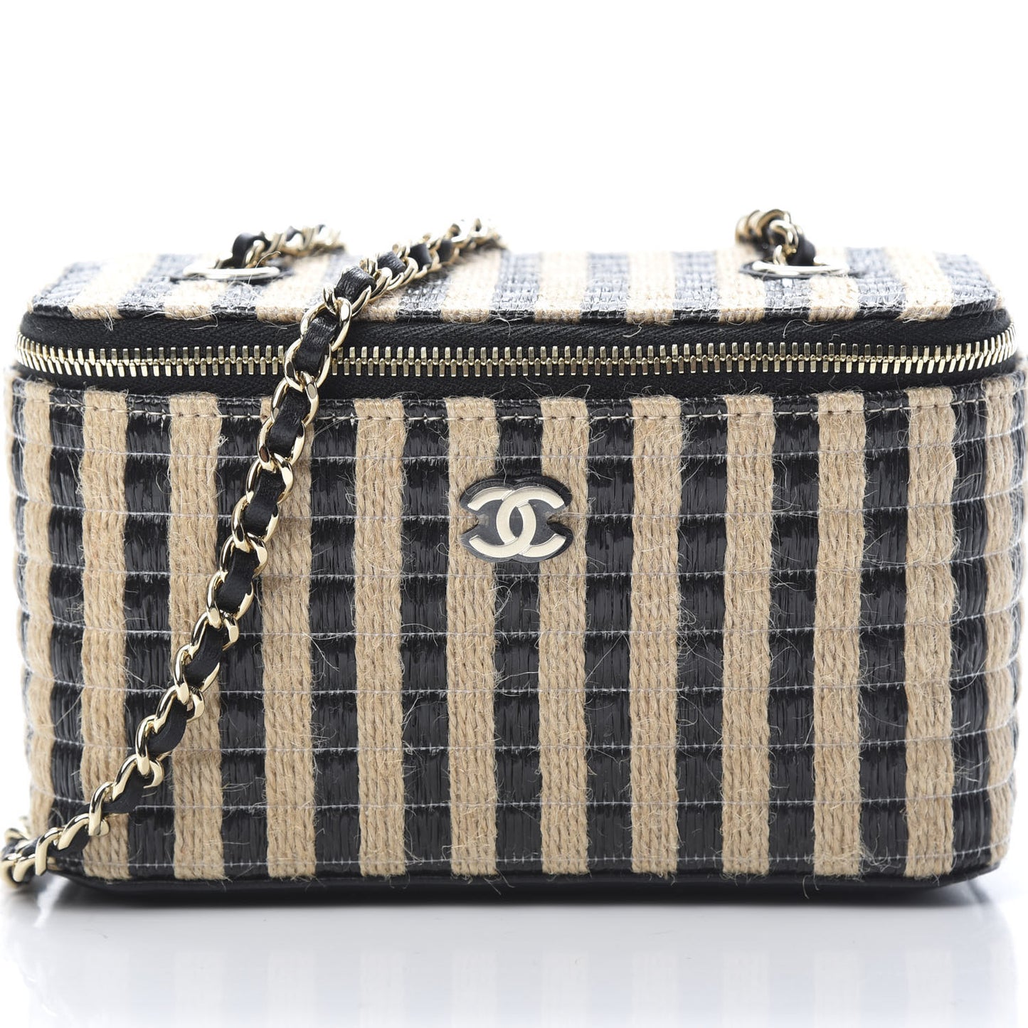 Raffia Jute Striped Small Vanity Case With Chain Black Beige
