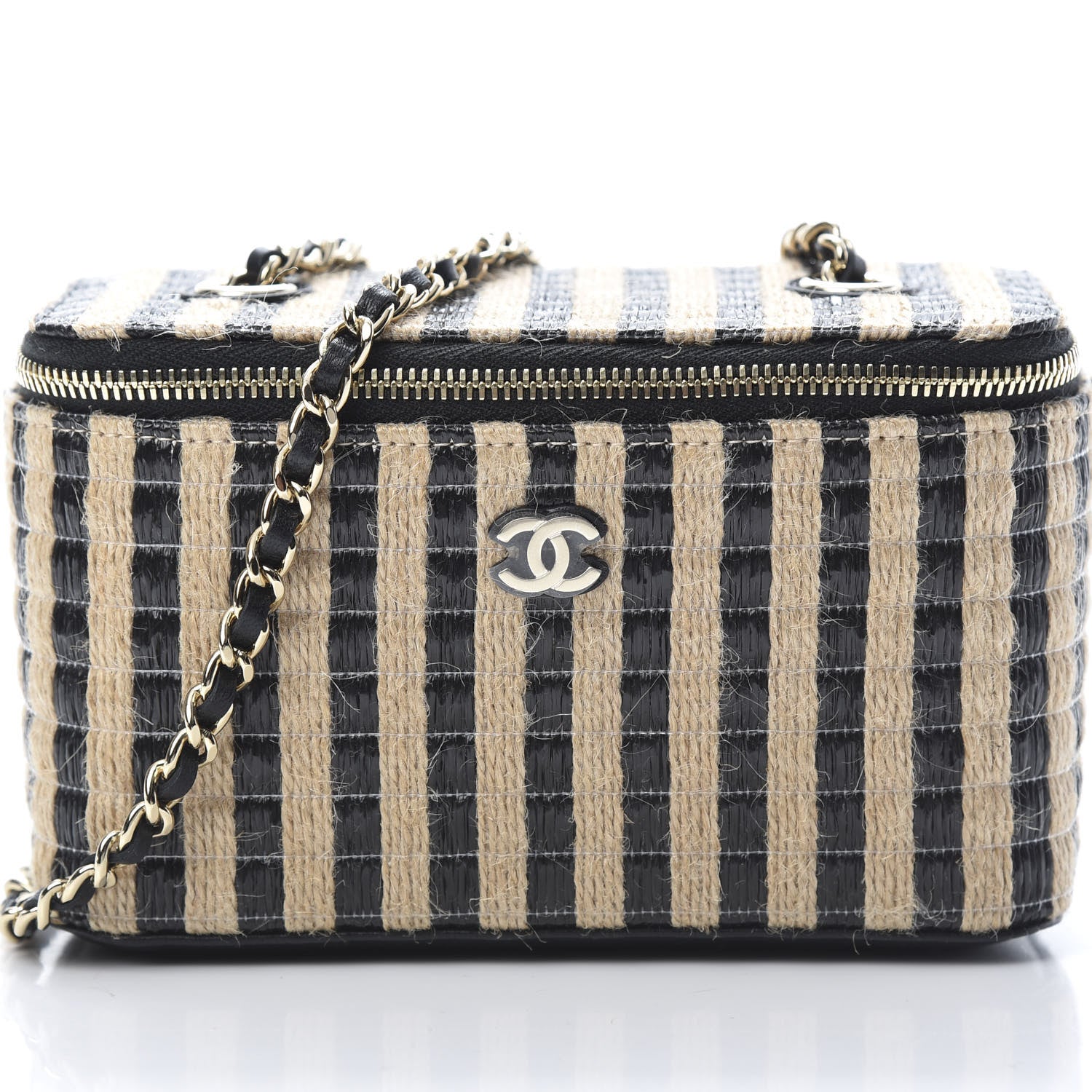 Chanel Raffia Jute Striped Small Vanity Case With Chain Black Beige 8 of 11