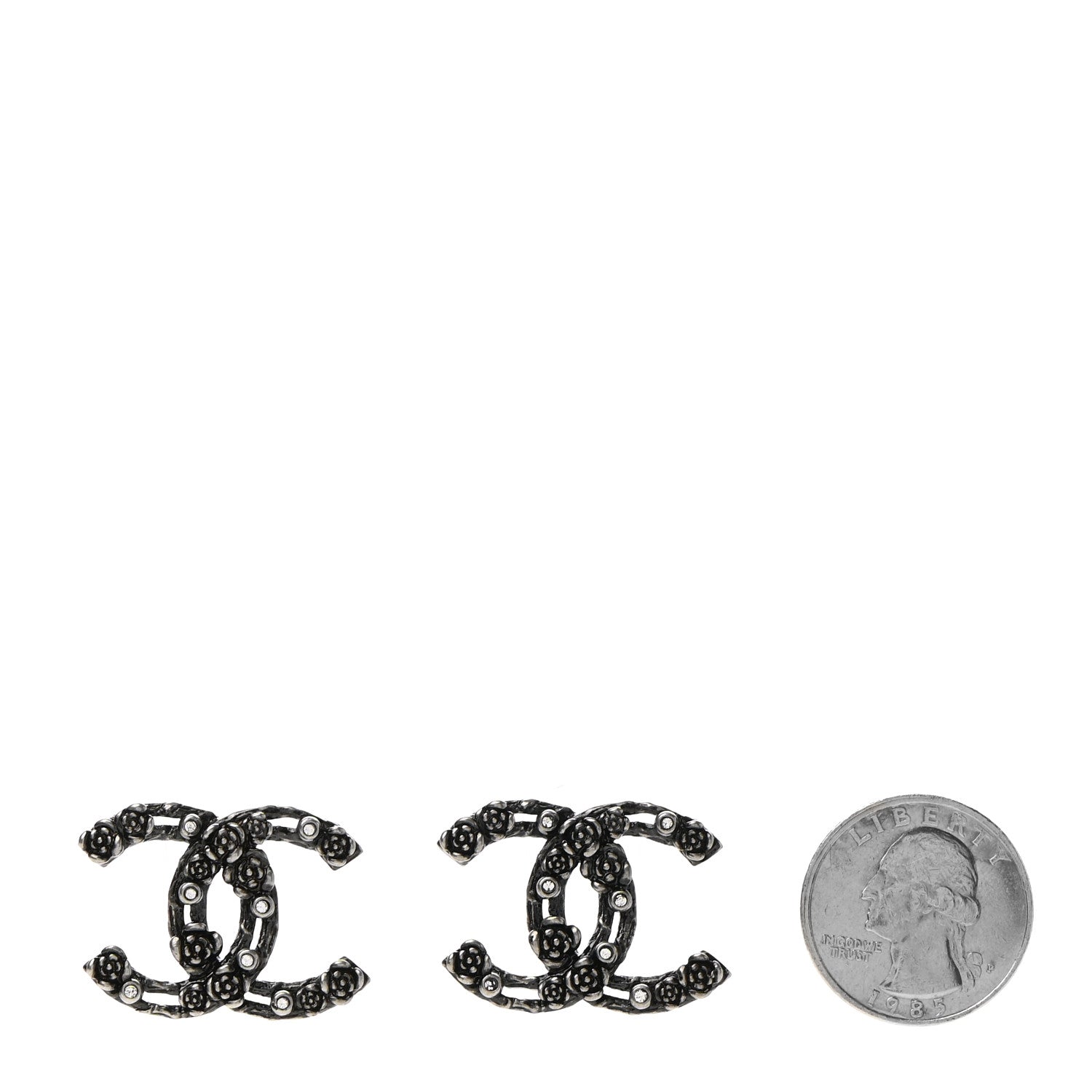 Chanel Crystal CC Camellia Earrings Ruthenium 2 of 5