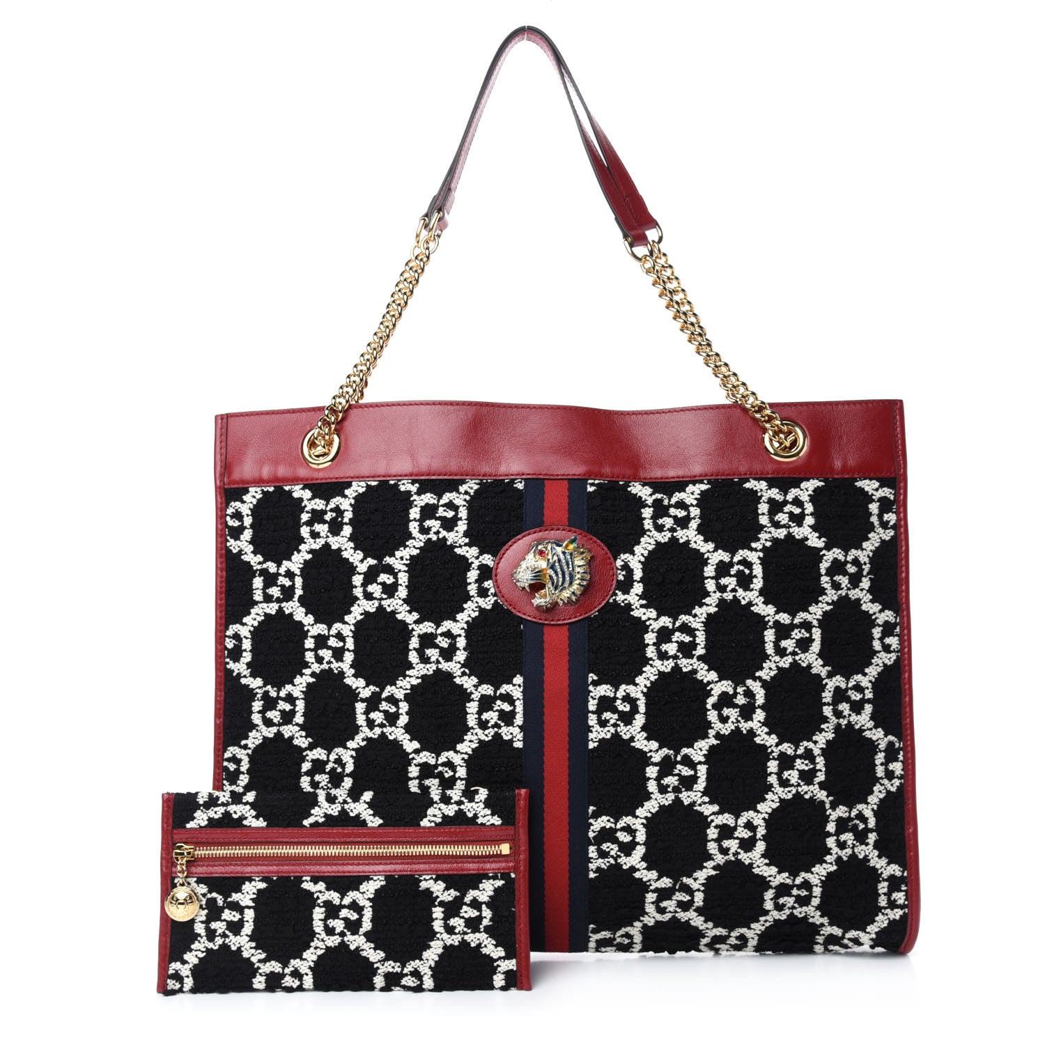 Gucci Tweed GG Monogram Large Rajah Chain Tote Romantic Cherry Black White 1 of 10