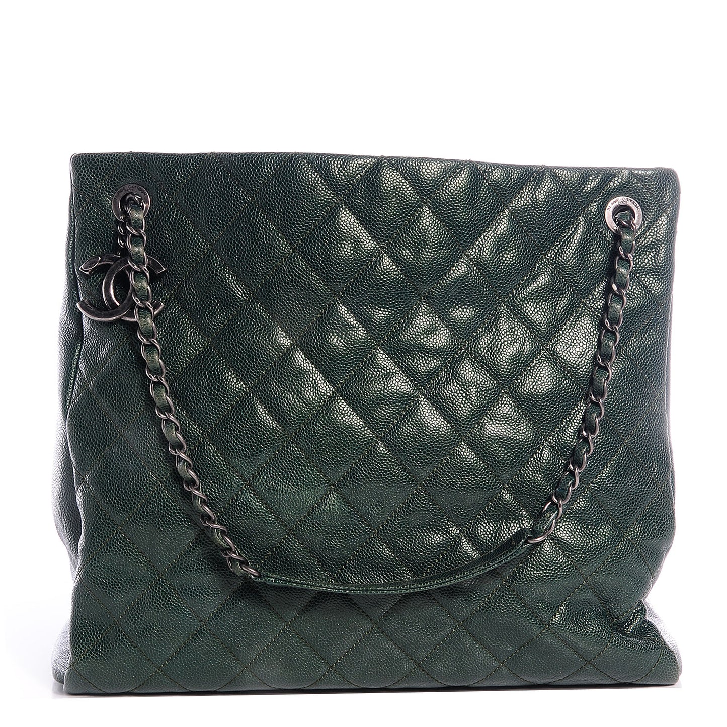 Iridescent Caviar Quilted Tall Chic Shopping Tote Dark Green