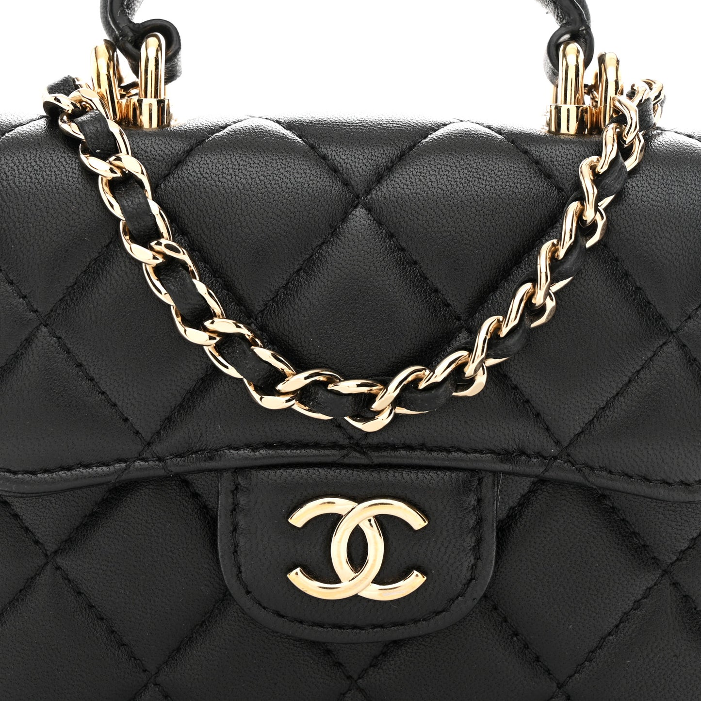 Lambskin Quilted Top Handle Flap Coin Purse With Chain Black