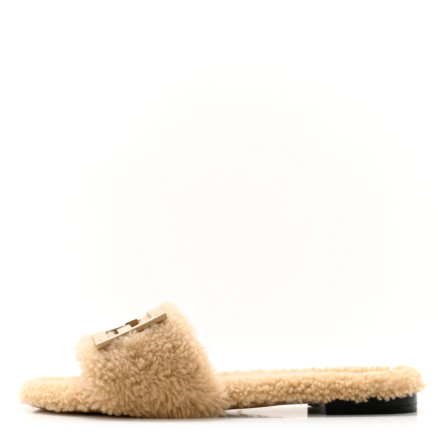 Shearling FF Baguette Slide Sandals 36 Beige Naturale