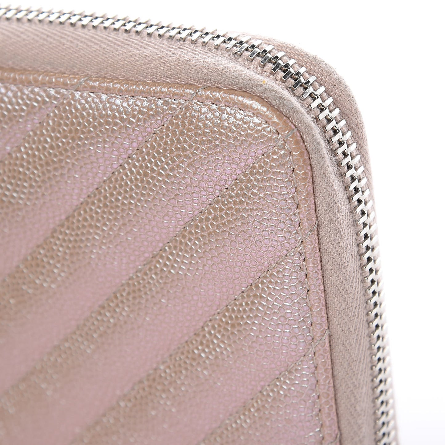 Metallic Caviar Chevron Quilted Zip Around Wallet Light Gold