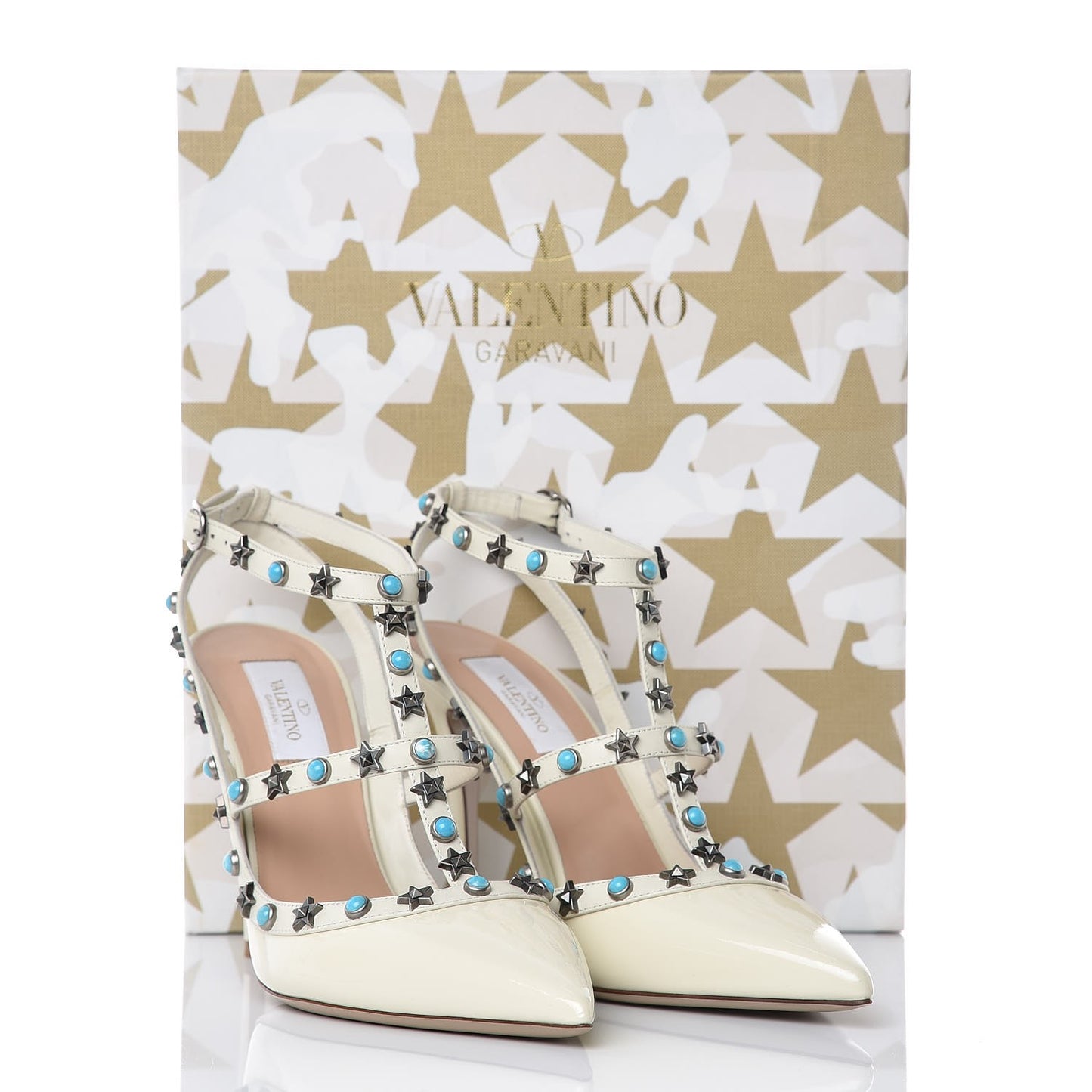Patent Stars Turquoise Rockstud Rolling Ankle Strap 100mm Pumps 39.5 Ivory