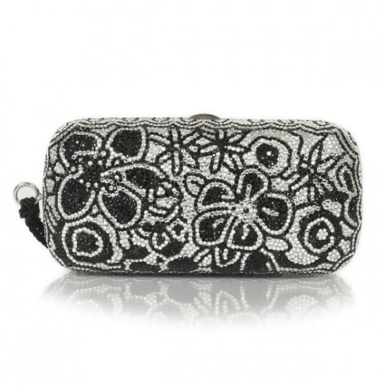 Crystal Floral Minaudiere Tassel Clutch Black White