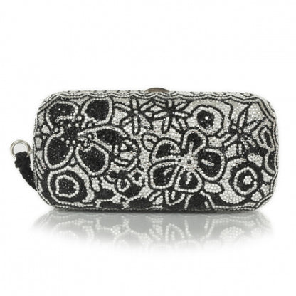 Judith Leiber Crystal Floral Minaudiere Tassel Clutch Black White 1 of 12