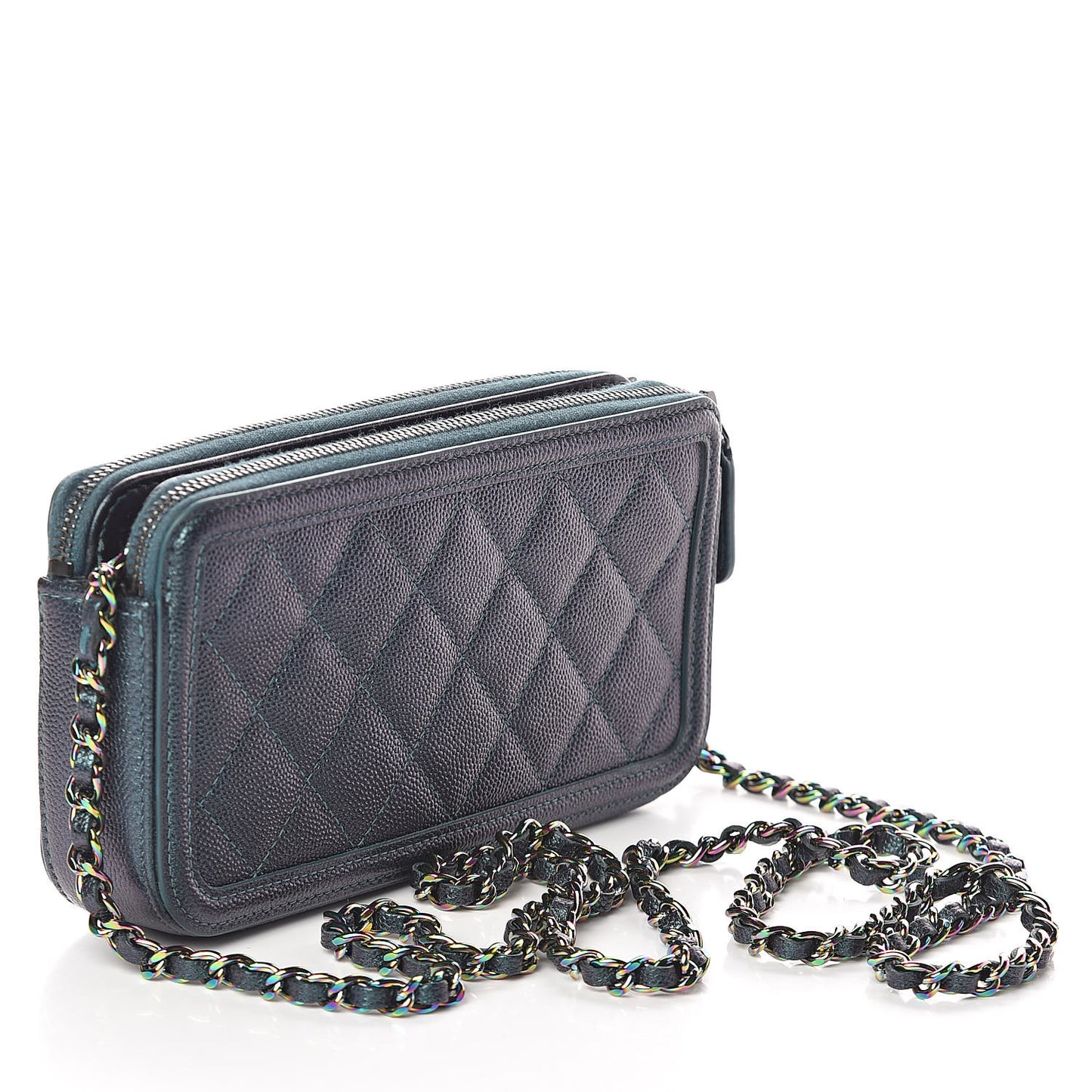 Iridescent Caviar Quilted CC Filigree Clutch With Chain Dark Turquoise