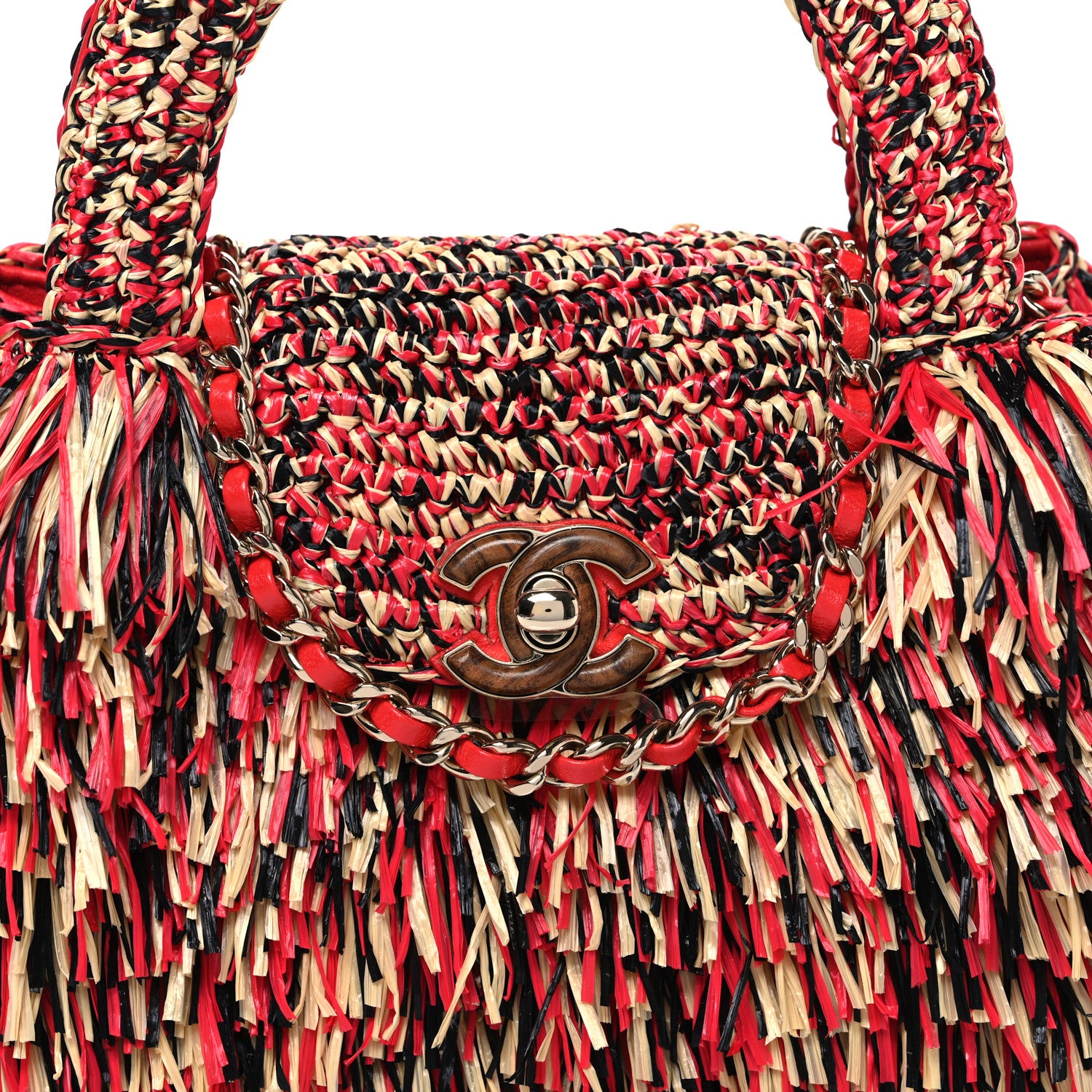 Chanel Raffia Fringe Nano Kelly Shopper Red Beige Black 1878786