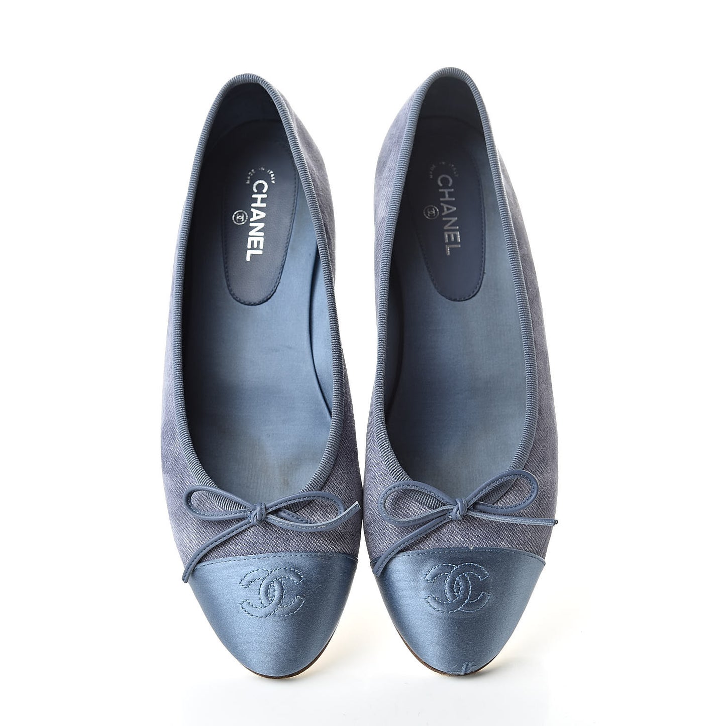 Satin Denim Goatskin CC Cap Toe Ballerina Flats 39.5 Blue