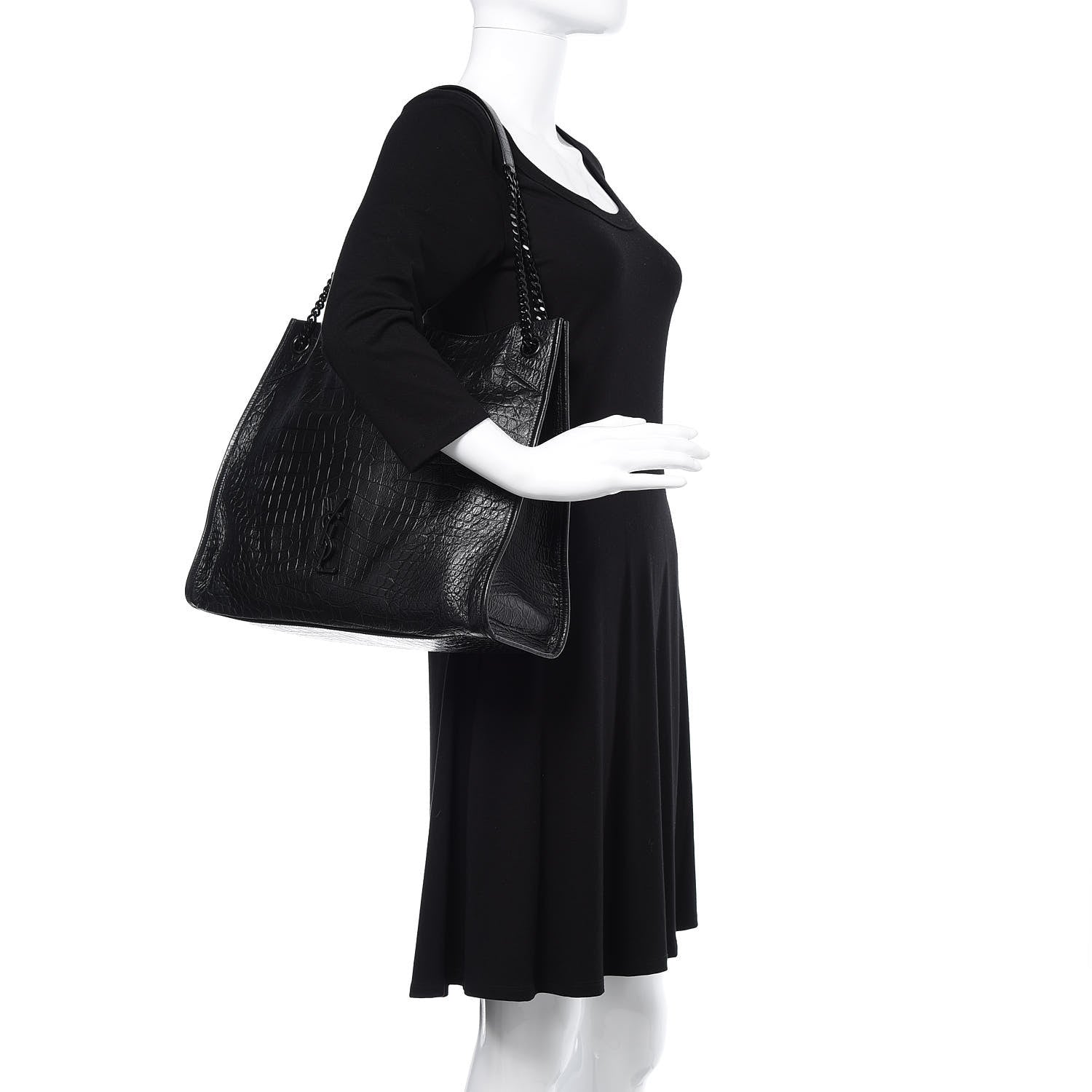 Saint Laurent Calfskin Crocodile Embossed Monogram Large Niki Shopping Bag Black 2 of 9