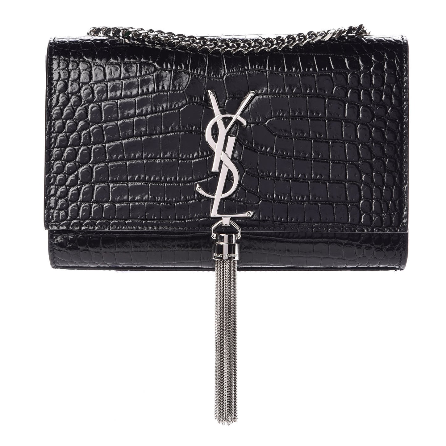 Croc Calfskin Embossed Small Classic Monogram Kate Tassel Satchel Black