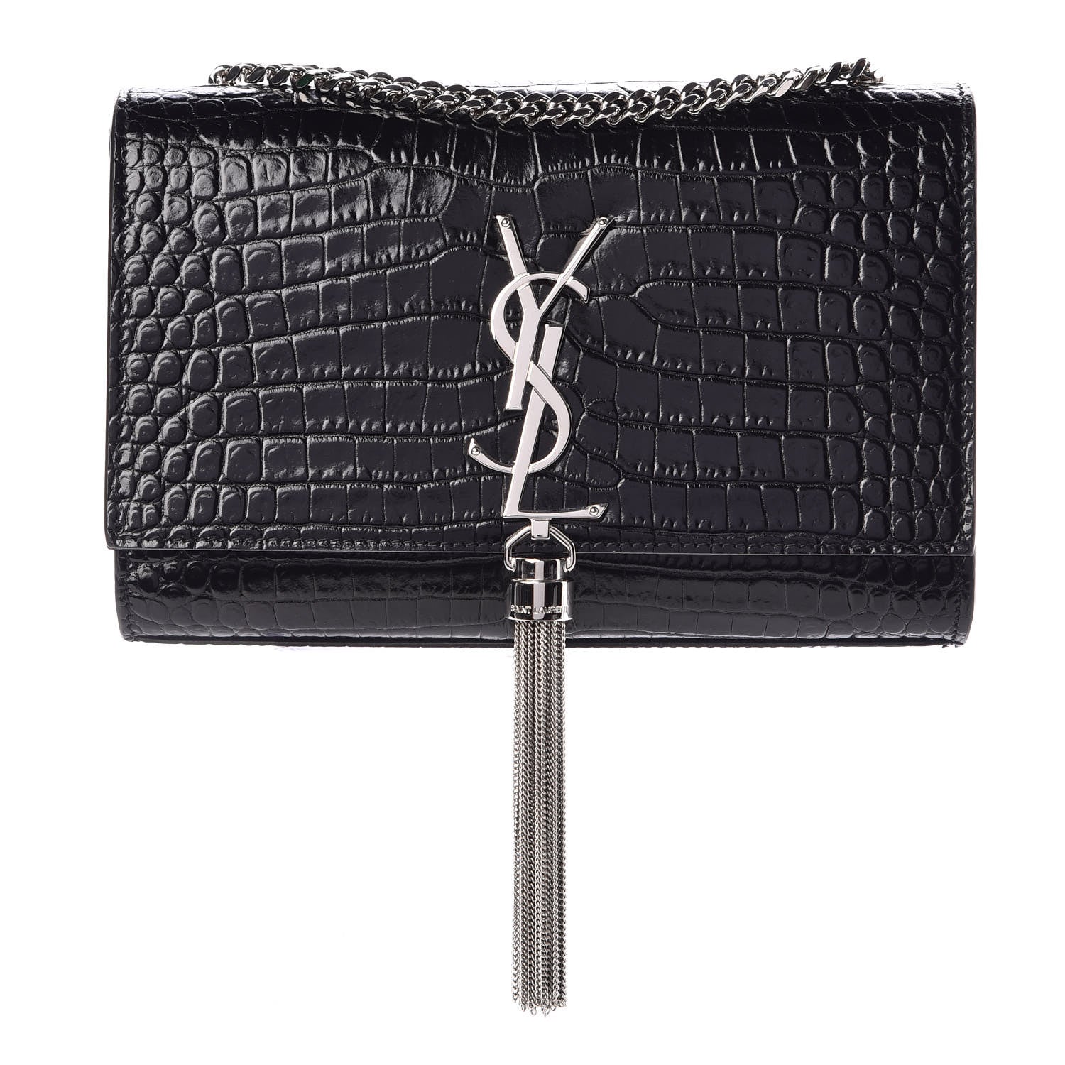 Saint Laurent Croc Calfskin Embossed Small Classic Monogram Kate Tassel Satchel Black 1 of 9