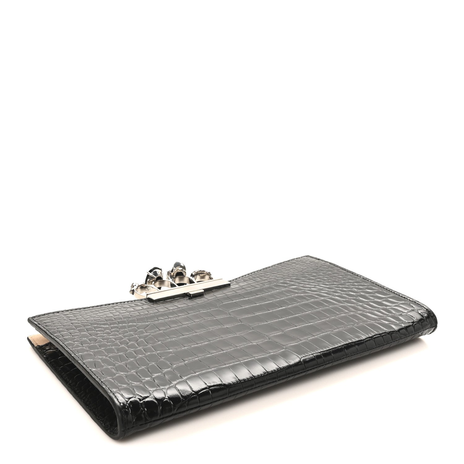 Alexander McQueen Calfskin Crocodile Embossed Knuckle Flat Clutch Black 4 of 6