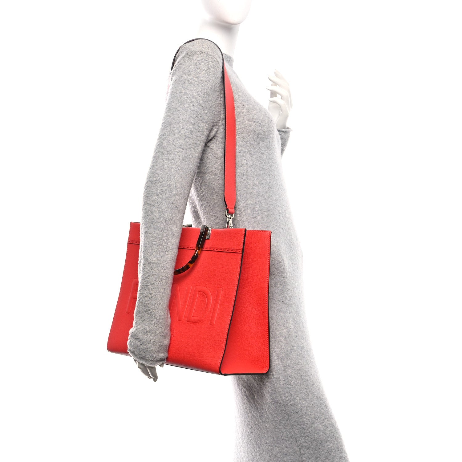 Fendi Vitello Cher Plexiglass Logo Debossed Medium Fendi Sunshine Shopper Tote Papavero 2 of 11
