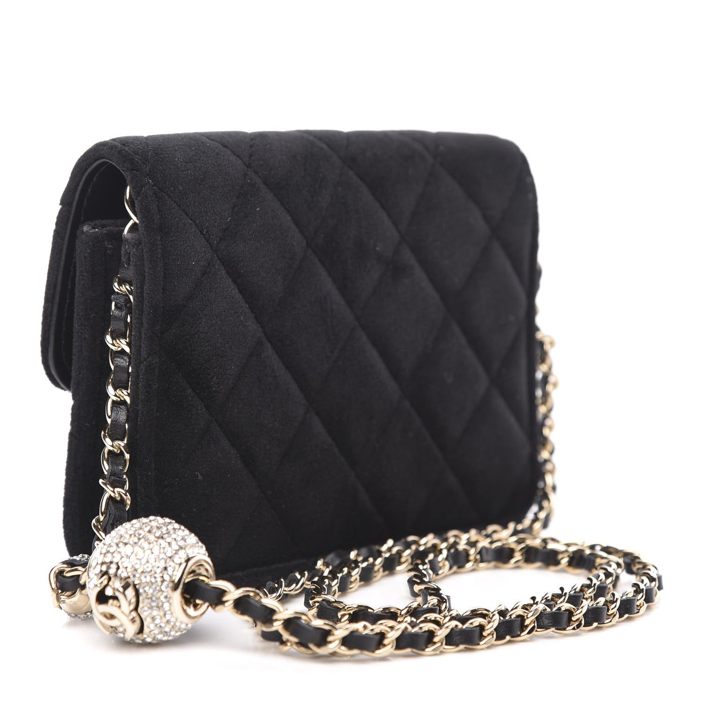 Velvet Quilted Pearl Crush Flap With Chain Black