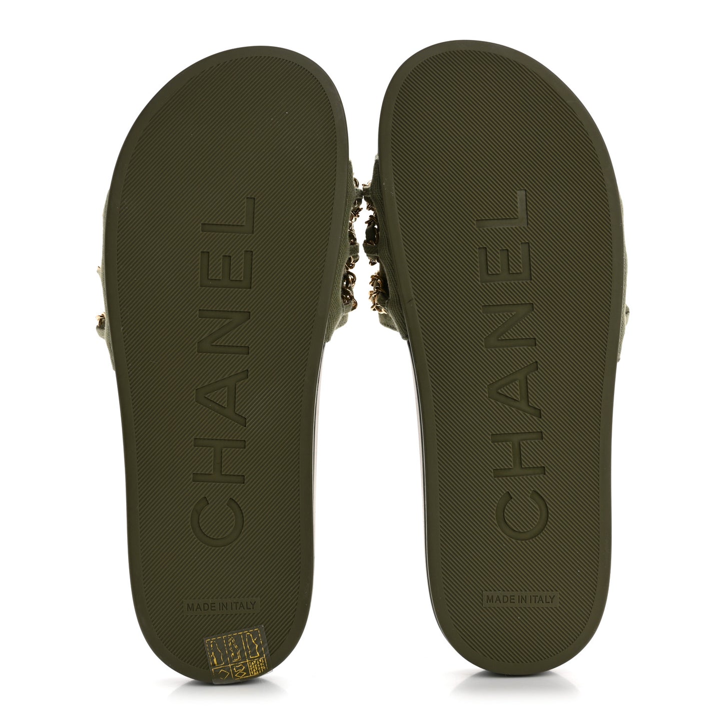 Satin Canvas Chain Slides Sandals Flats 38 Khaki