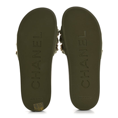 Chanel Satin Canvas Chain Slides Sandals Flats 38 Khaki 6 of 9