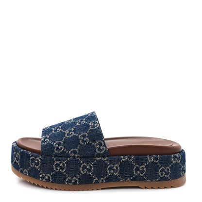 Gucci New Denim GG Monogram Angelina Platform 55mm Slide Sandals 37 Blue Tea 1 of 10