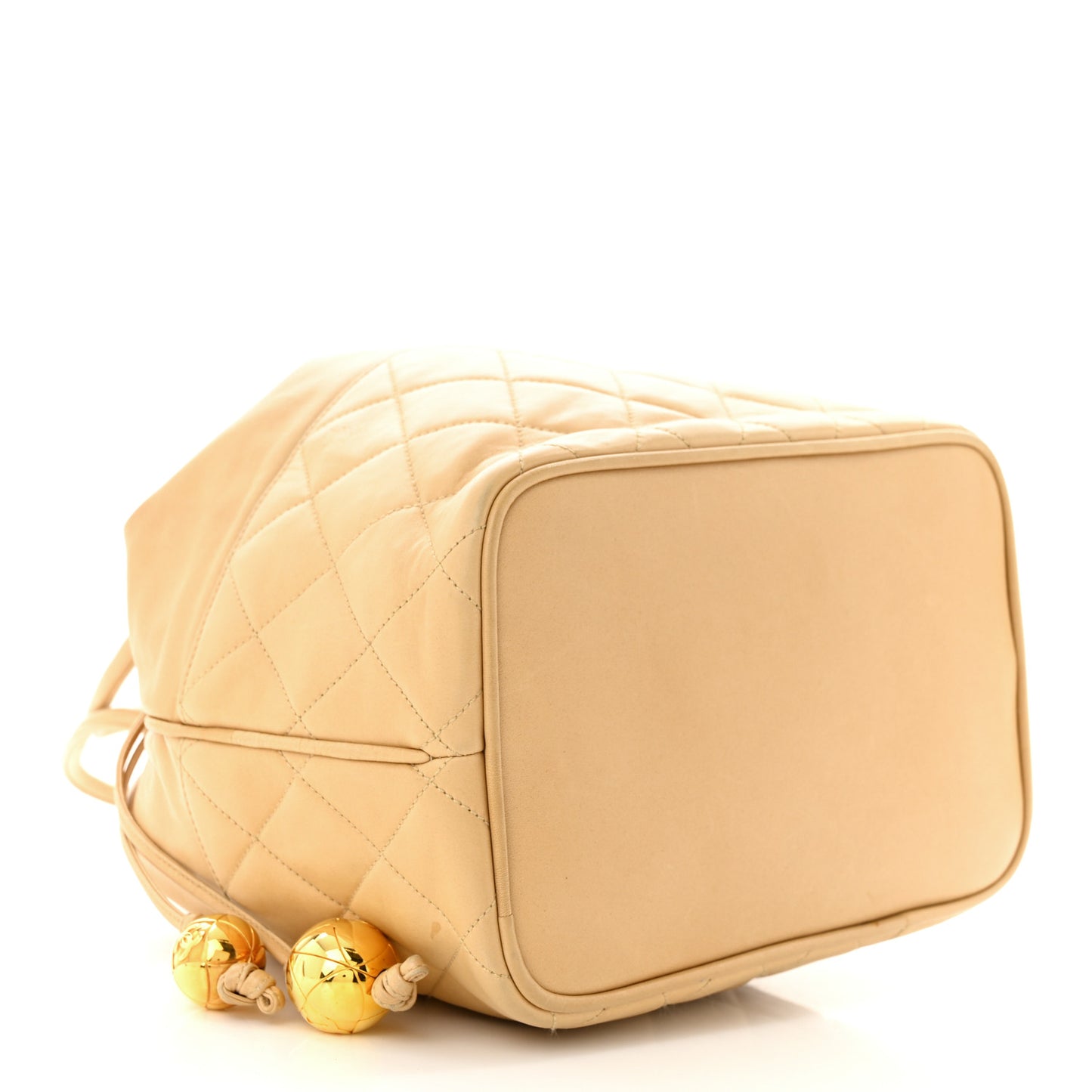 Lambskin Quilted Drawstring Bucket Bag Beige