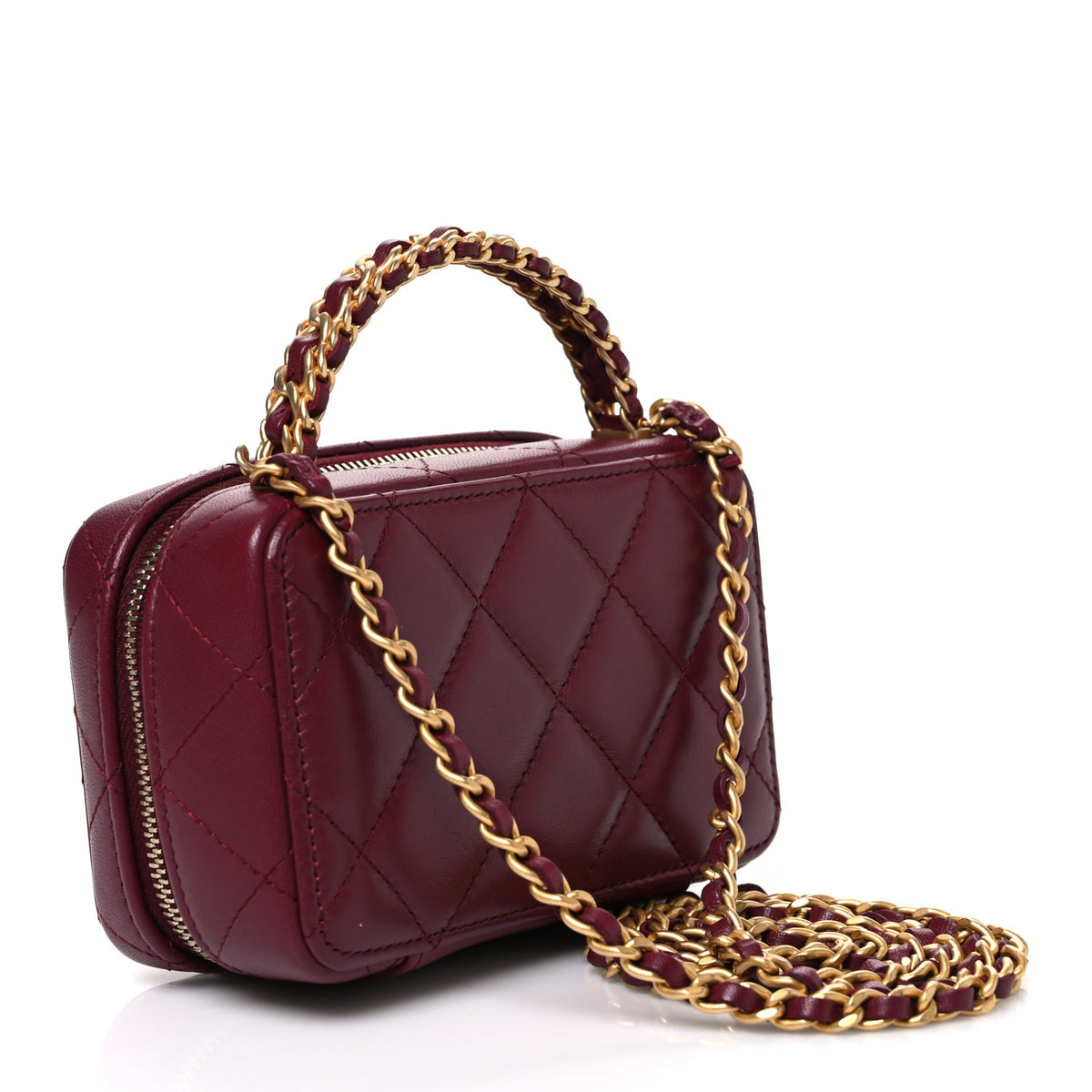 Lambskin Quilted Top Handle Mini Vanity Case Burgundy