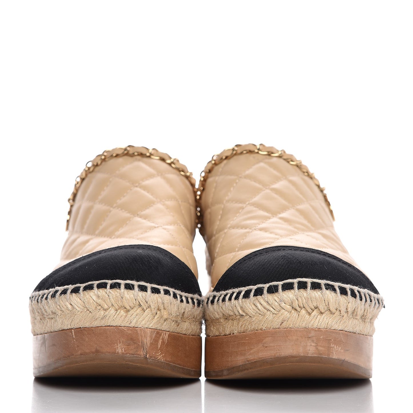 Lambskin Grosgrain Quilted CC Chain Espadrille Mules 39 Beige Black