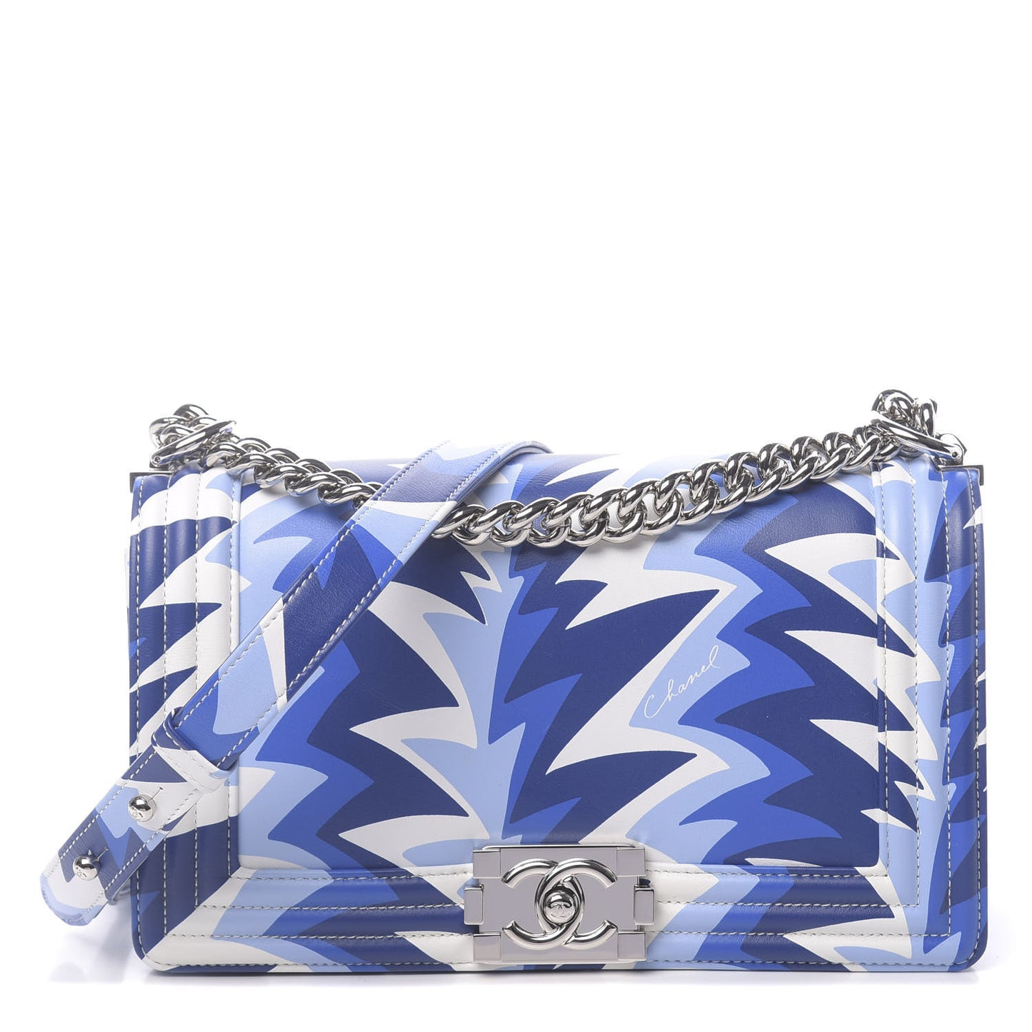 Printed Calfskin Medium Boy Flap Blue White