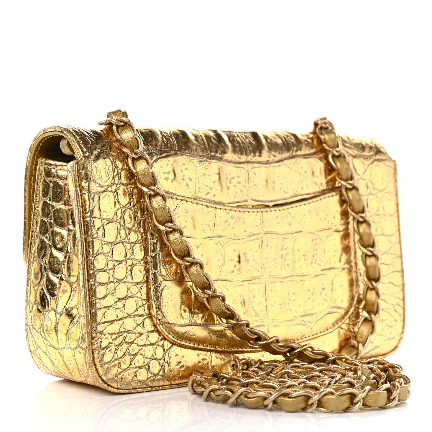 Metallic Calfskin Crocodile Embossed Cocodile Rectangular Mini Flap Gold