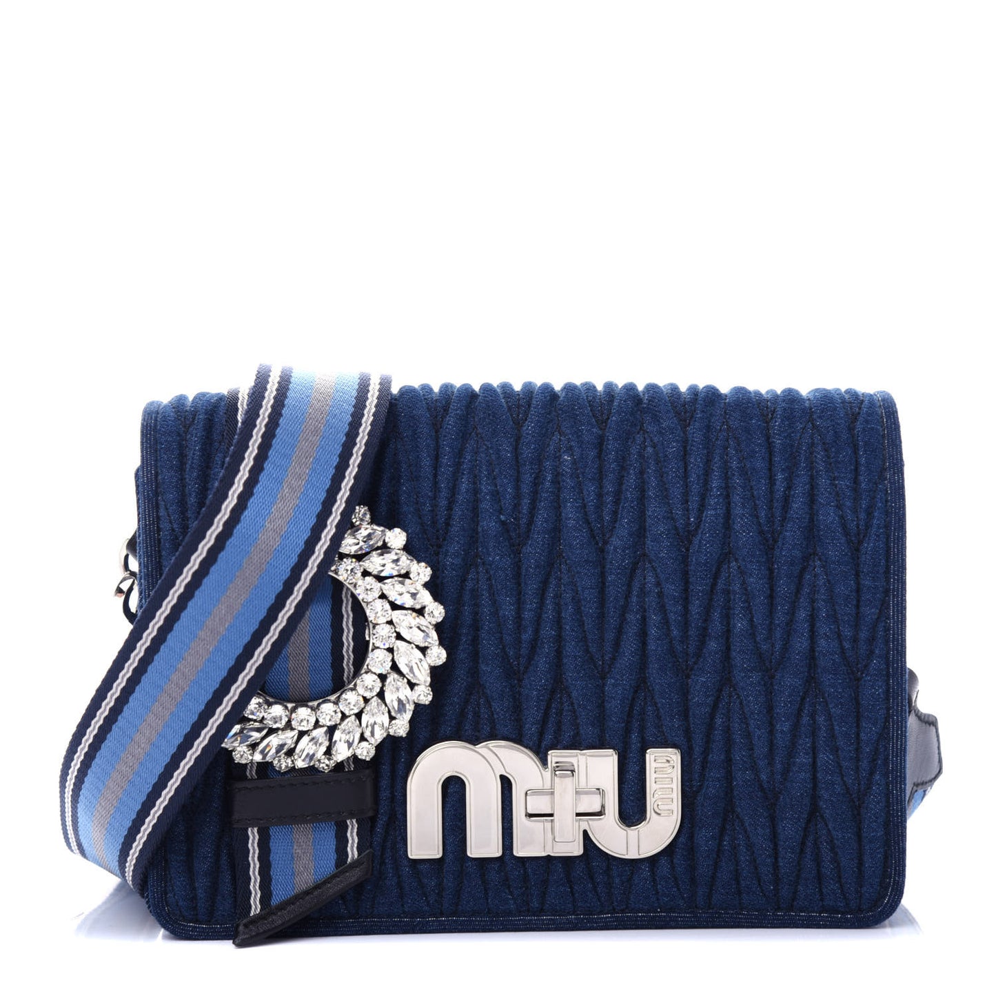 Denim Matelasse Crystal Embellished Shoulder Bag Blue