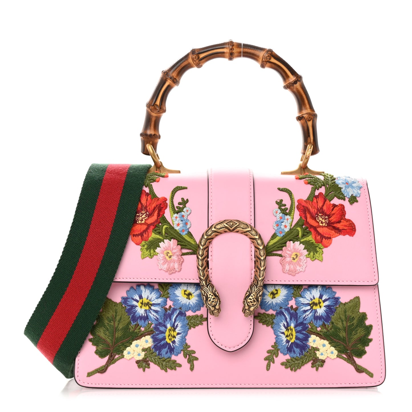 Calfskin Bamboo Web Embroidered Medium Dionysus Top Handle Bag Pink
