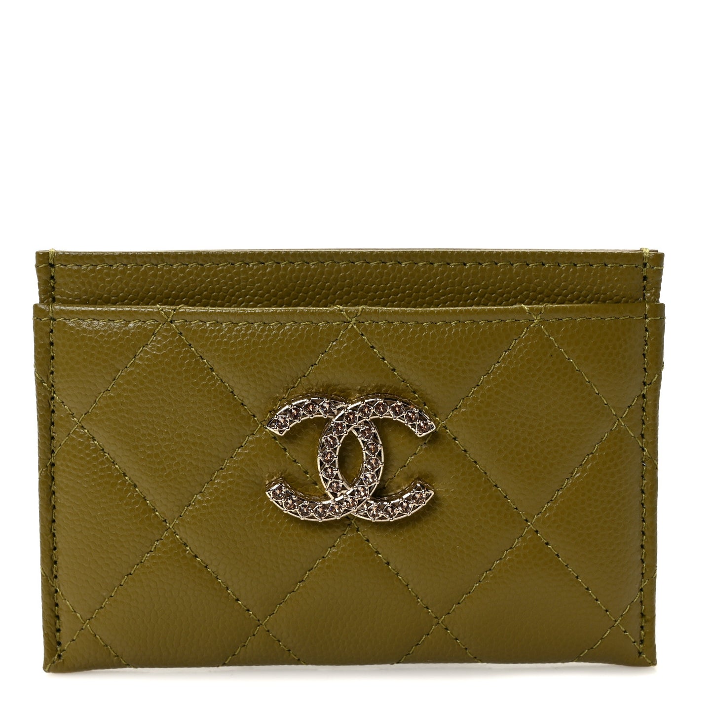 Caviar Quilted Crystal Card Holder Green