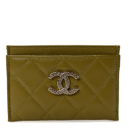 Chanel Caviar Quilted Crystal Card Holder Green 1 of 8