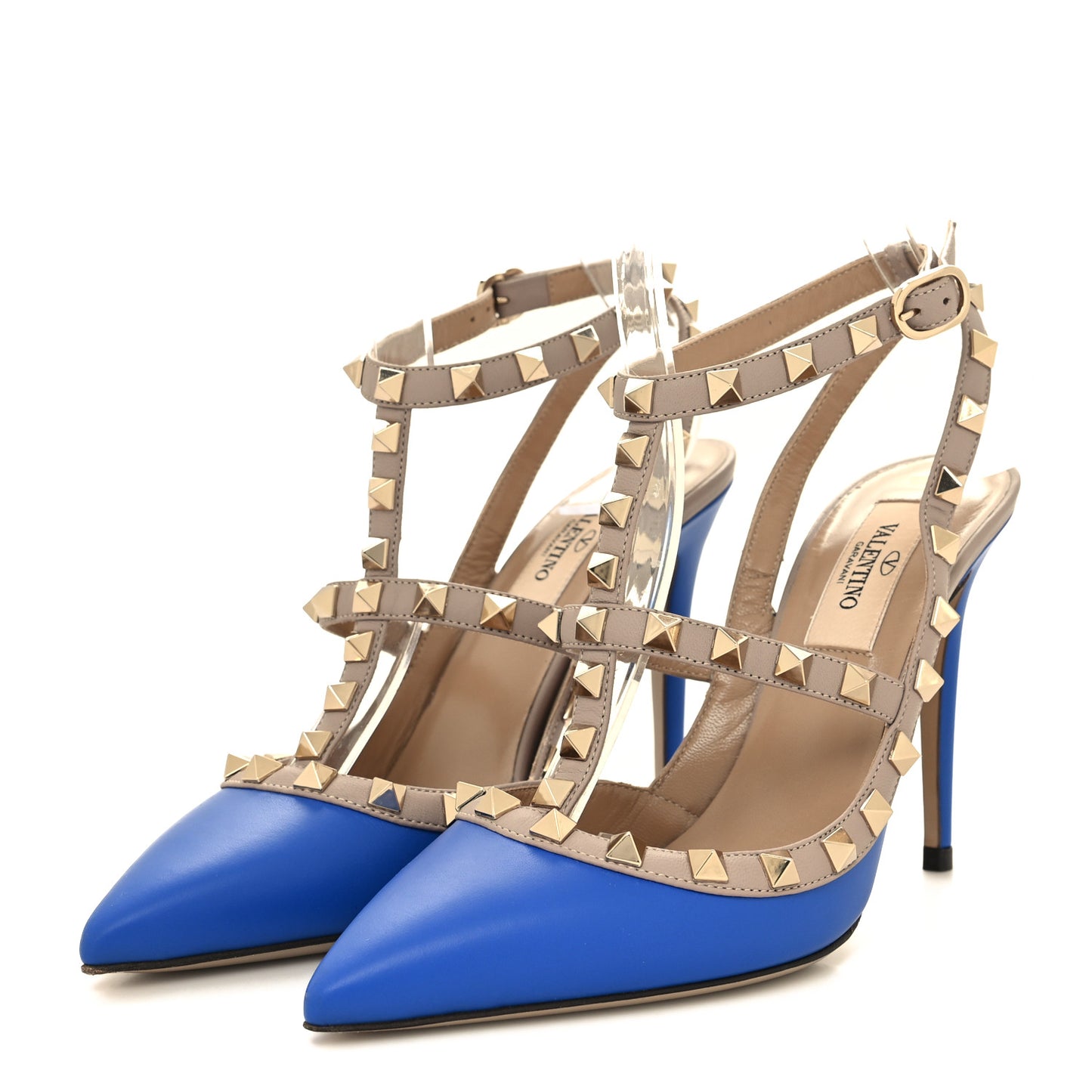 Calfskin Nappa Rockstud Ankle Strap 100mm Pumps 36 Sapphire Poudre