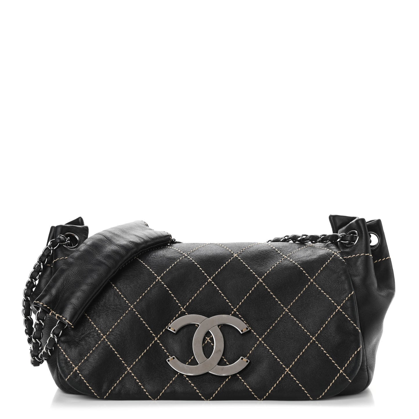 Lambskin Contrast Stitch Surpique Accordion Flap Black