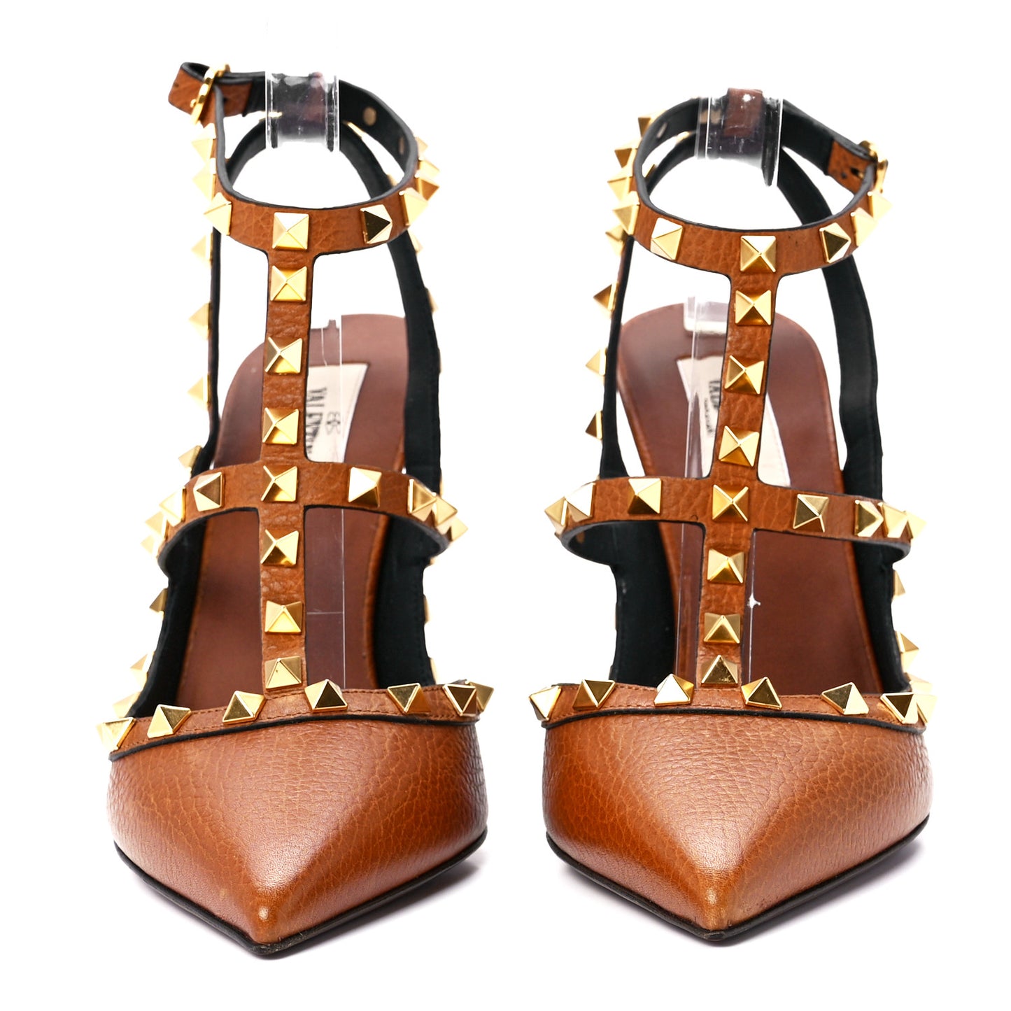 Pebbled Calfskin Rockstud Ankle Strap 100mm Pumps 39 Cuoio