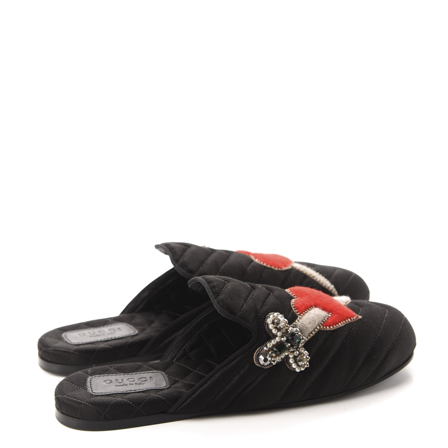 Satin Embroidered Heart and Dagger Slippers 36 Black