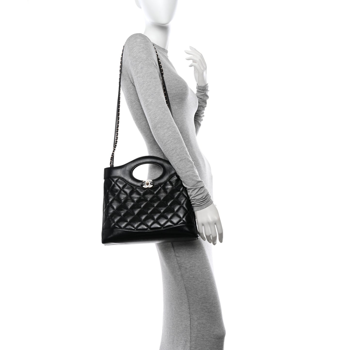 Shiny Lambskin Quilted Small 31 Shopping Bag Black