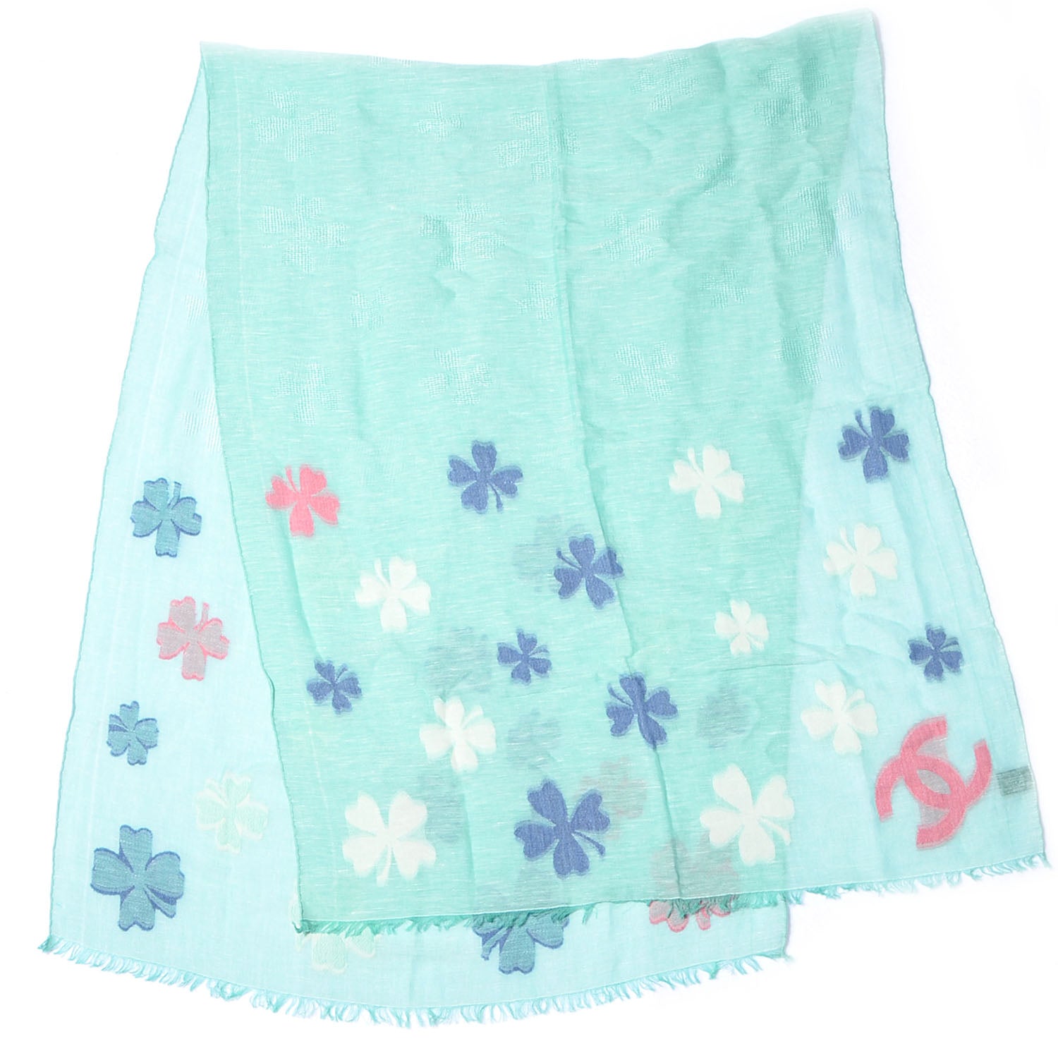 Chanel Linen Cotton Wool CC Clover Scarf Green 3 of 6