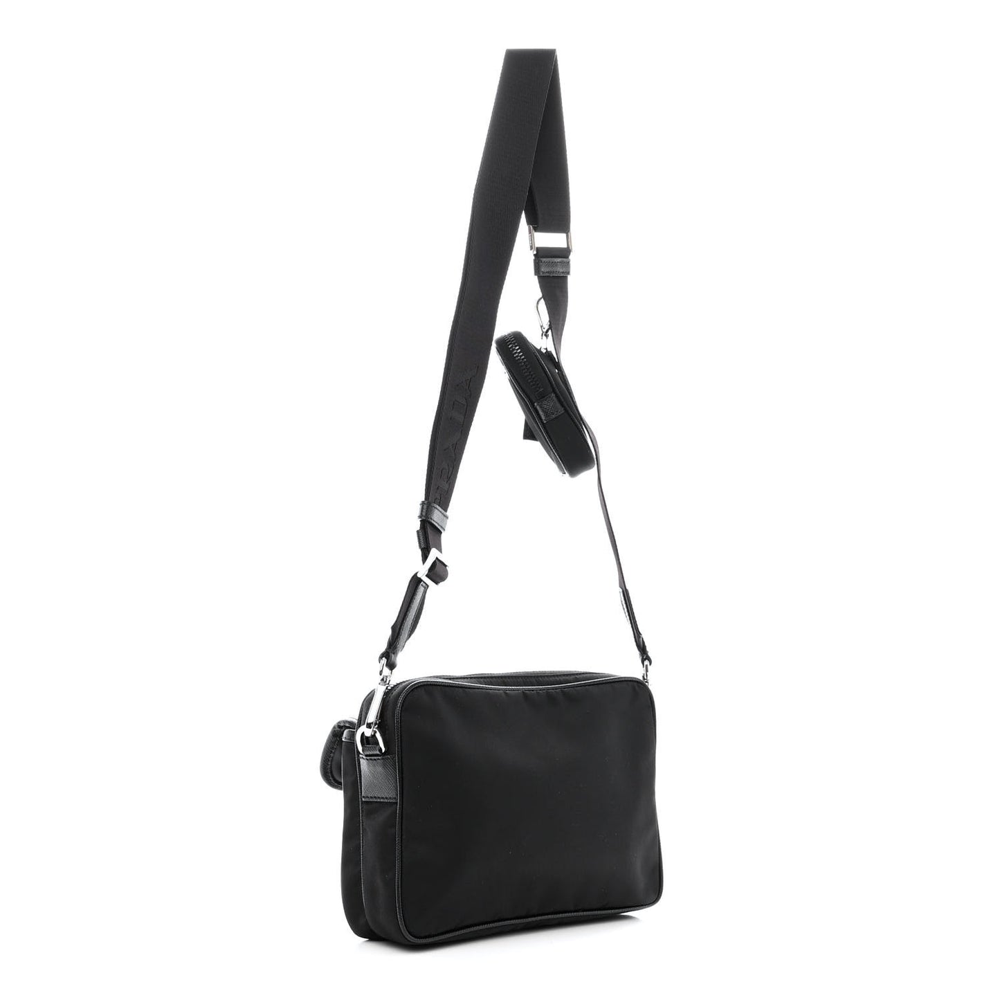 Re-Nylon Saffiano Pocket Single Snap Buckle Shoulder Bag Black