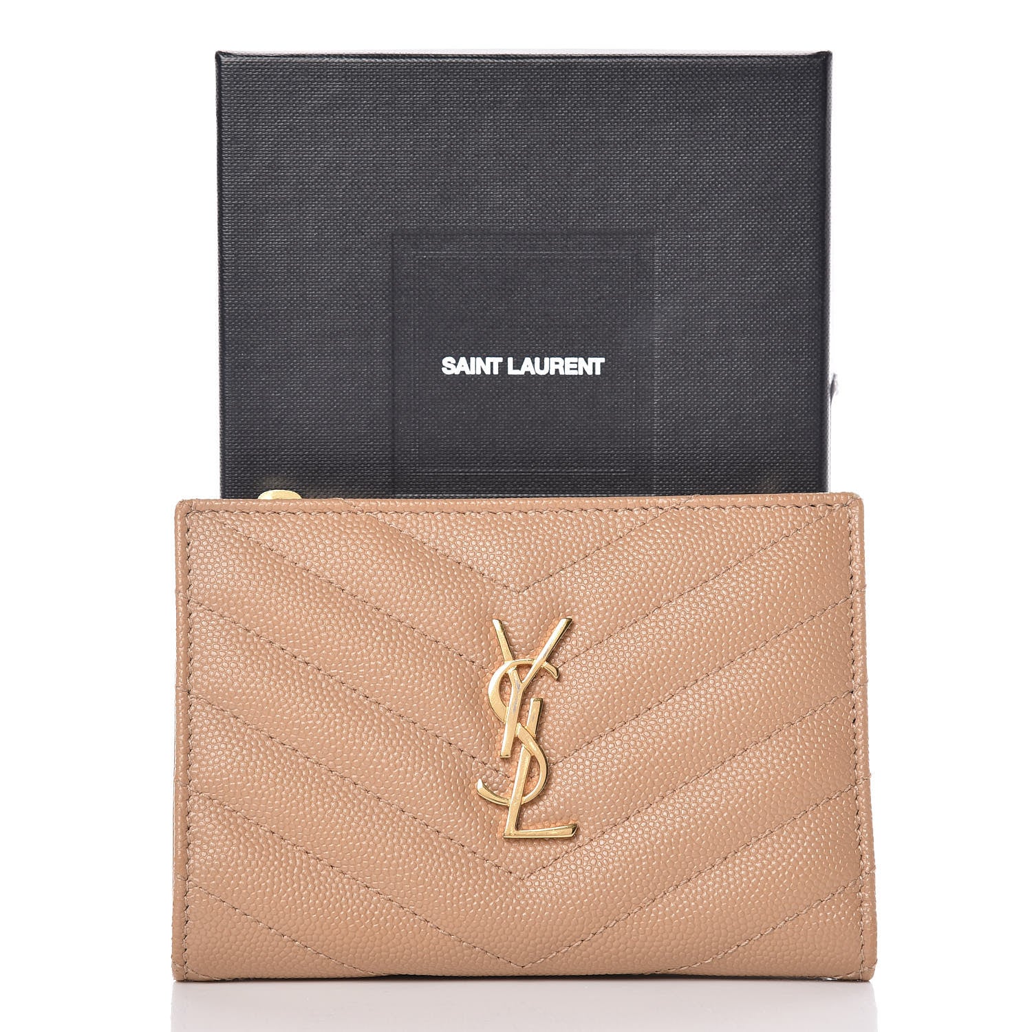 Saint Laurent Grain De Poudre Matelasse Chevron Monogram Zipped Two-Part Wallet Cork 9 of 9
