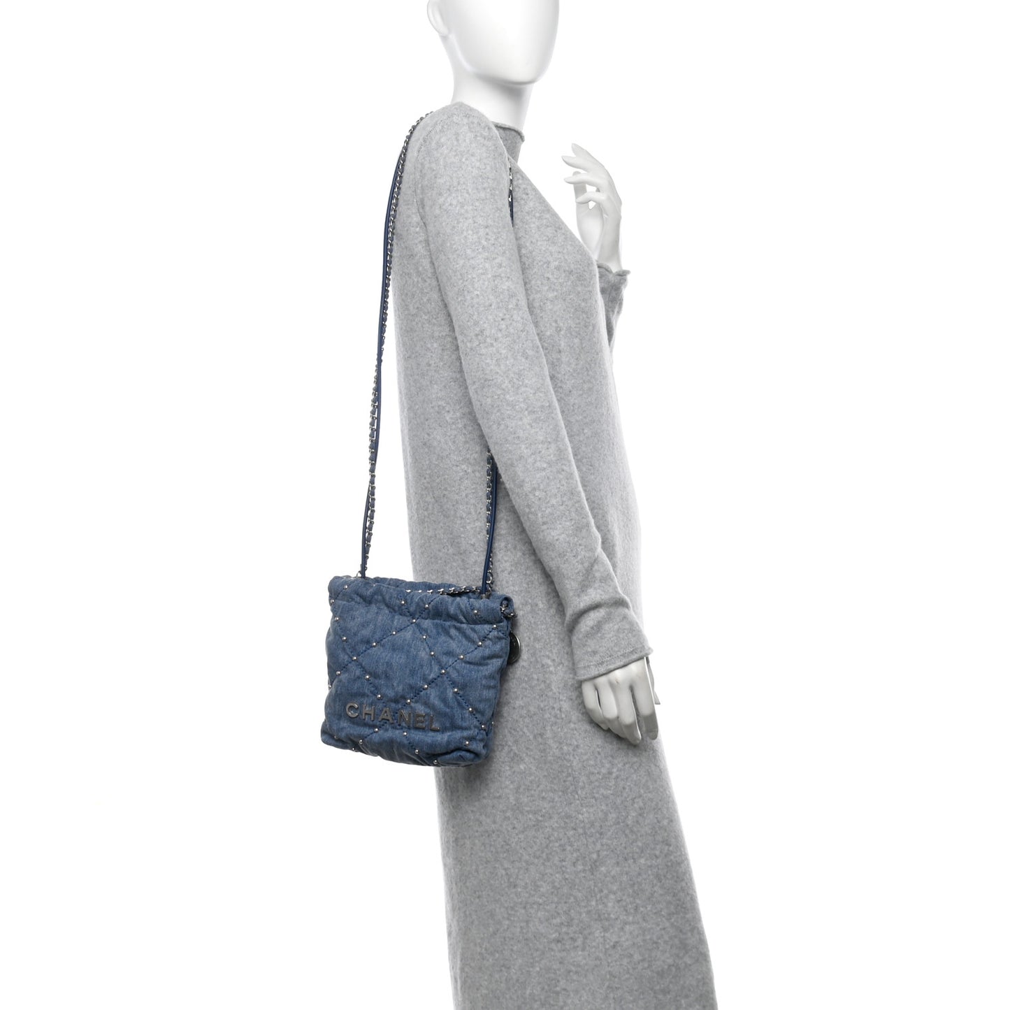 Washed Denim Quilted Studded Mini Chanel 22 Blue