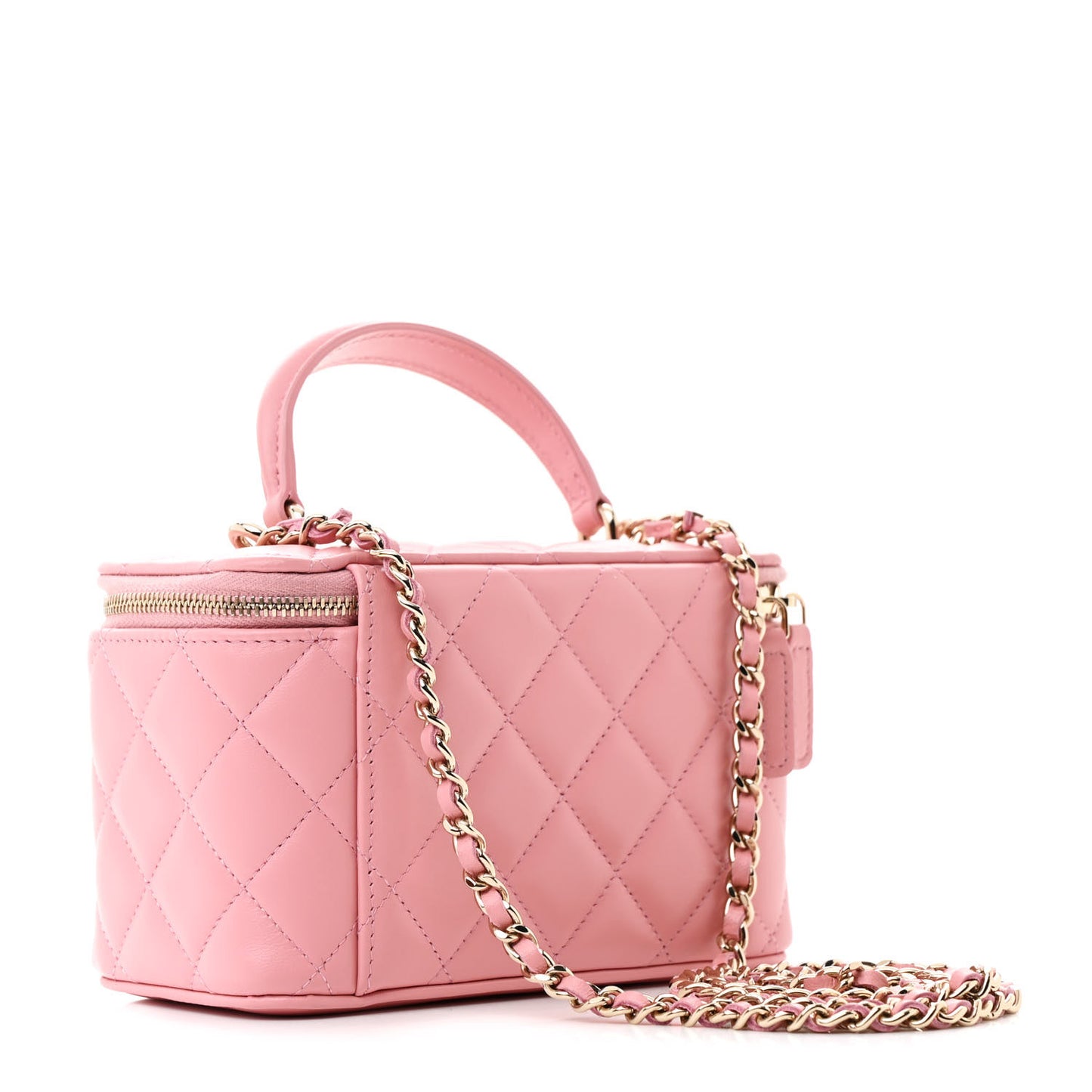 Lambskin Quilted Small Top Handle Vanity Case With Chain Dark Pink