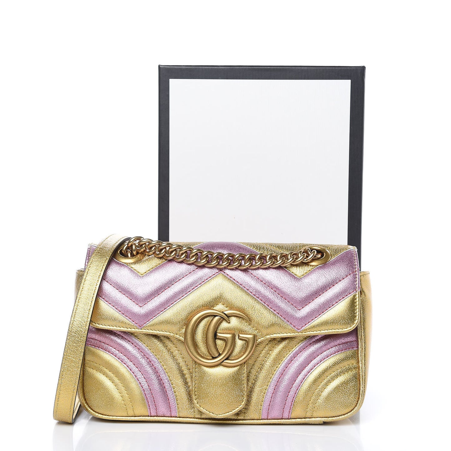 Metallic Calfskin Matelasse Mini GG Marmont Shoulder Bag Gold Pink