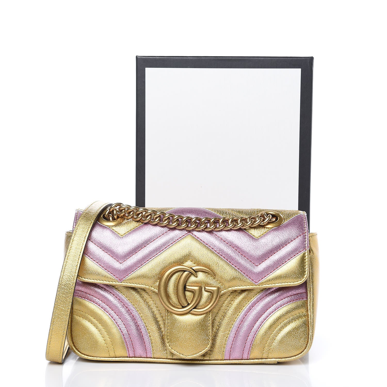 Gucci Metallic Calfskin Matelasse Mini GG Marmont Shoulder Bag Gold Pink 11 of 11
